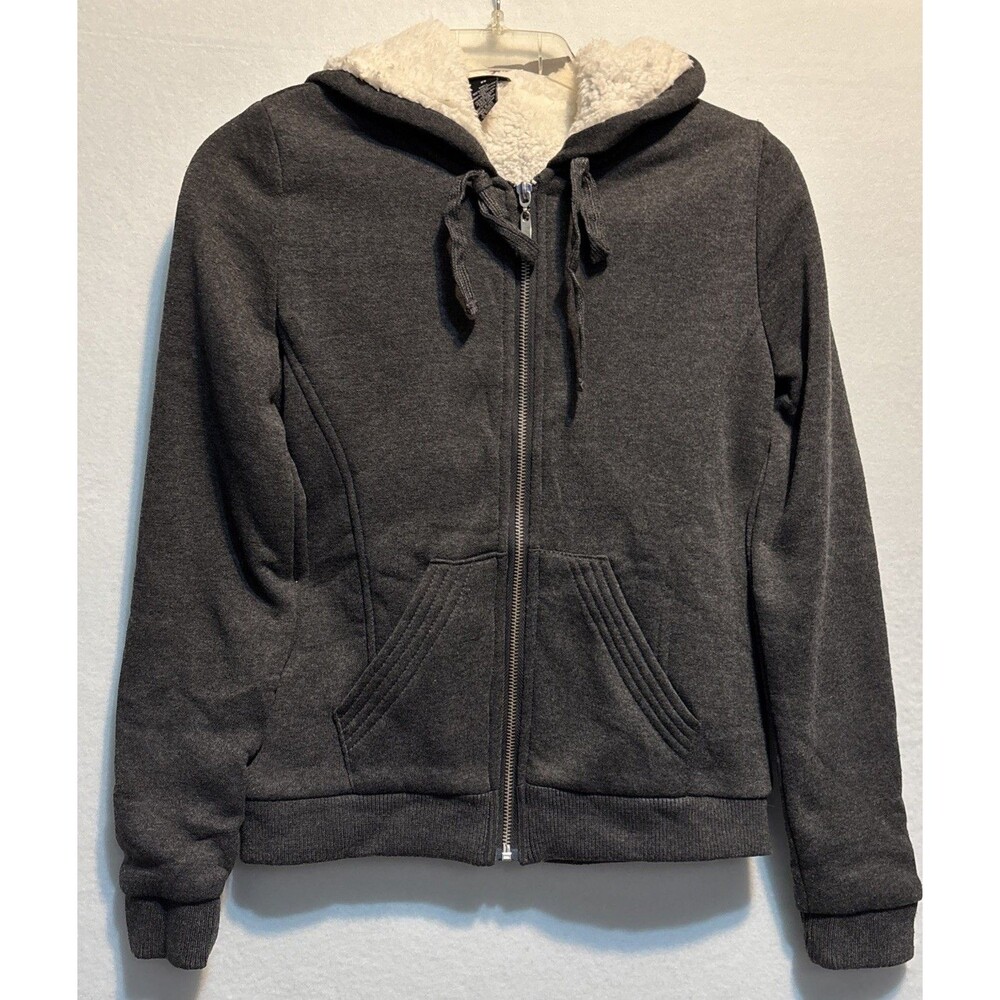 RUE 21 Charcoal Grey Faux Fur Hoodie Long Sleeve Size XS.